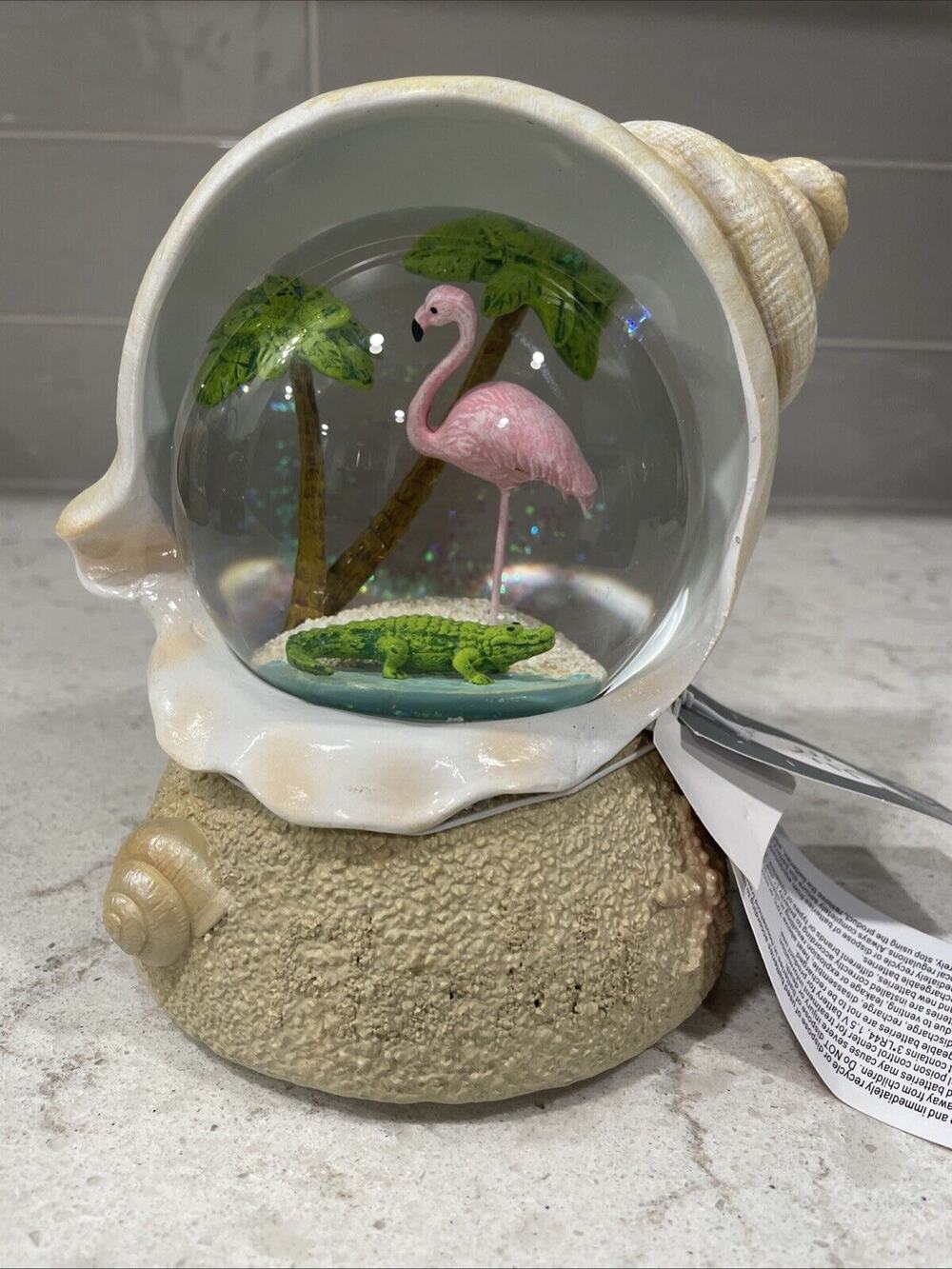 Conch Shell Pink Flamingo & Alligator Beach Water Snow Globe Palm Tree Tropical